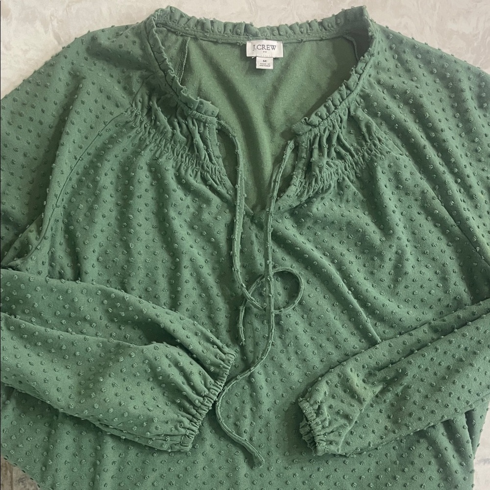 J Crew Clip-dot smocked-neck long sleeve V neck green top blouse size M - Picture 2 of 11